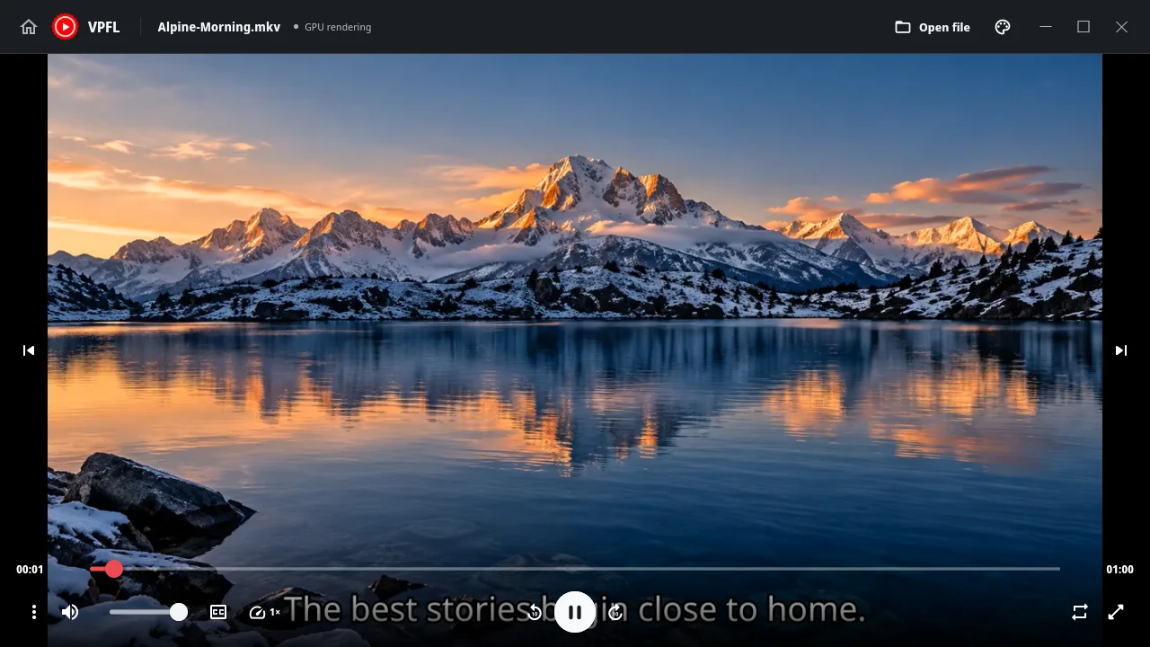 VPFL playback controls showing the progress bar, audio, subtitles, speed and fullscreen