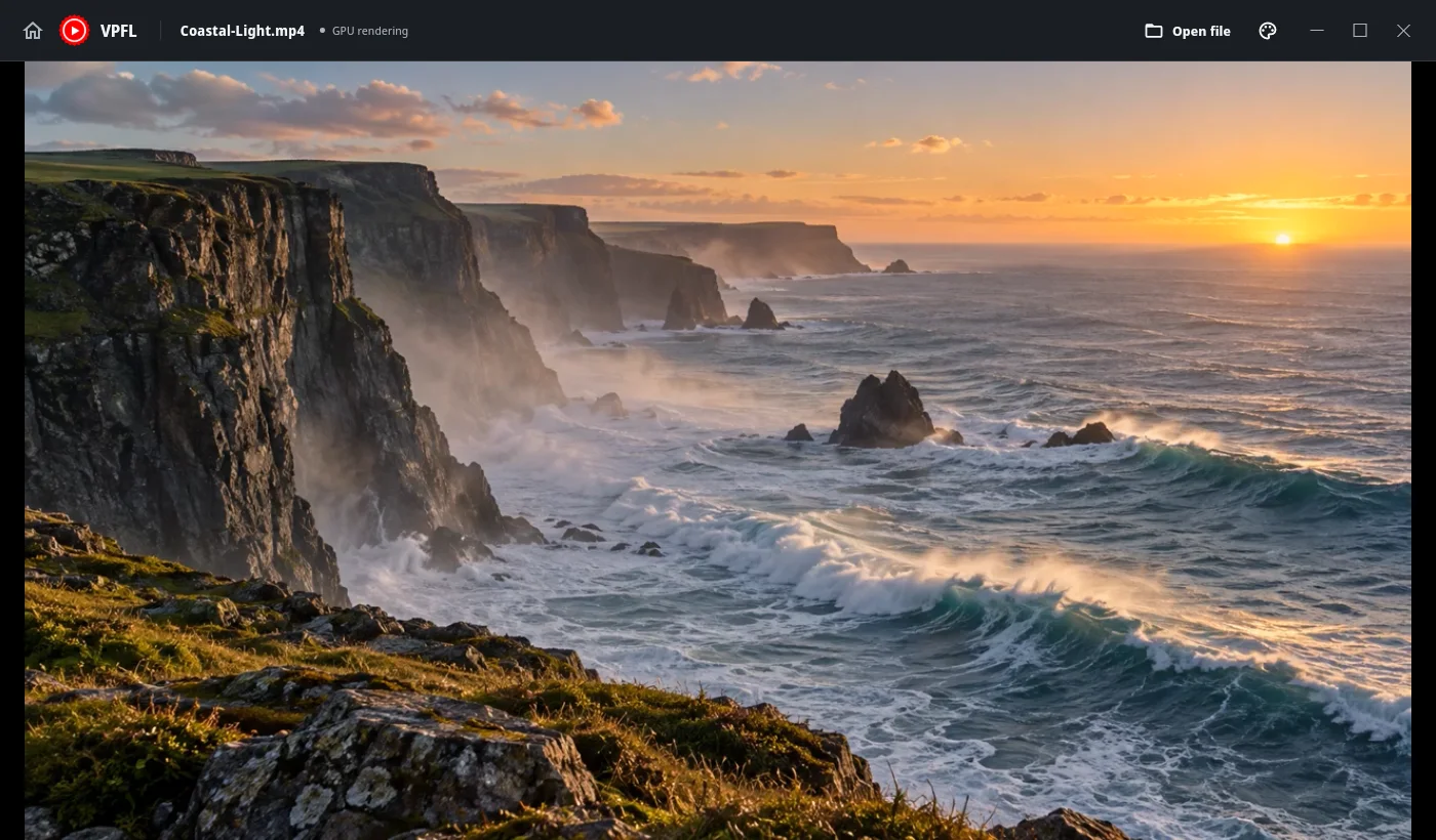 Current VPFL Linux player showing a coastal video and its desktop window controls